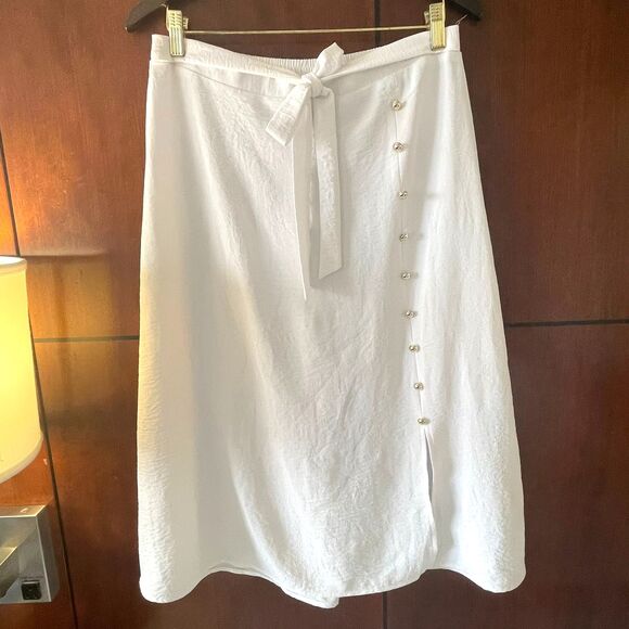 NYCC Women's White Midi Long Button Elastic Waist Tie Front Skirt Size S - Picture 3 of 7